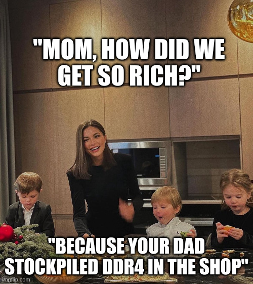 Mom, how did we get so rich? Because your dad stockpiled DDR4 in the shop